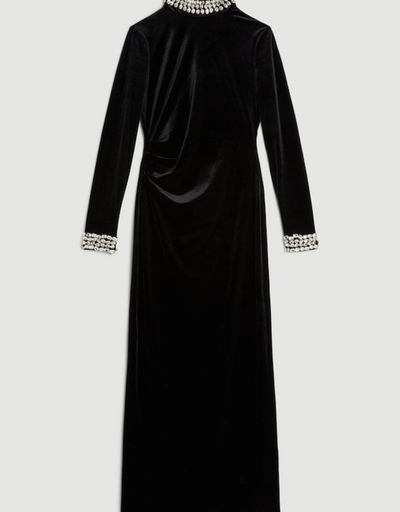 Stretch Velvet Crystal Embellished Long Sleeve Maxi Dress