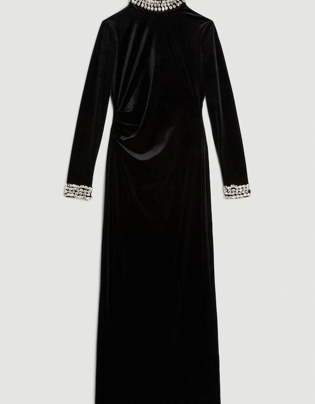Stretch Velvet Crystal Embellished Long Sleeve Maxi Dress