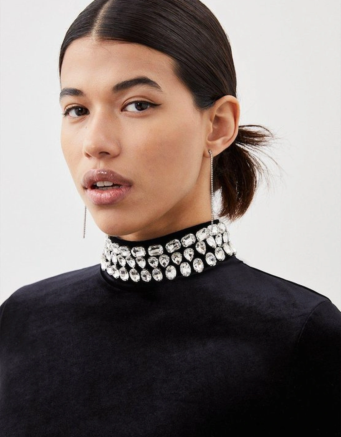 Stretch Velvet Crystal Embellished Long Sleeve Maxi Dress