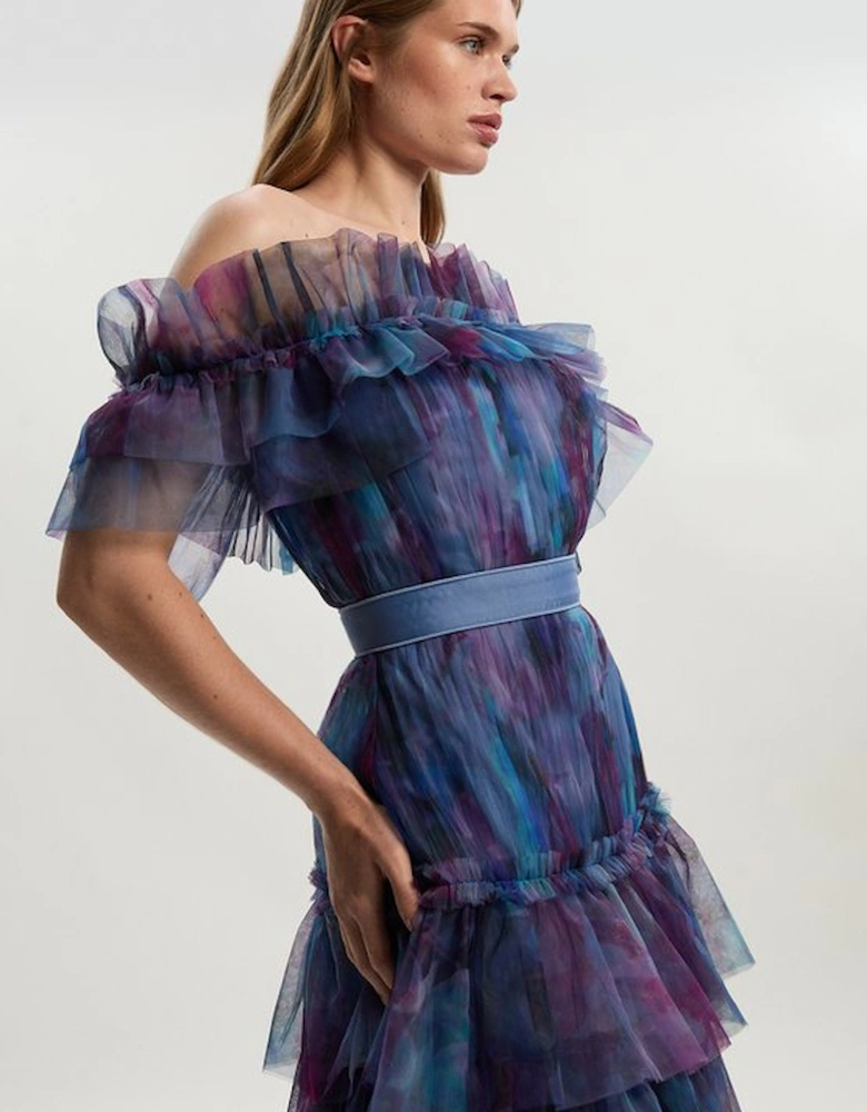 Floral Print Tulle Layered Off The Shoulder Maxi Dress