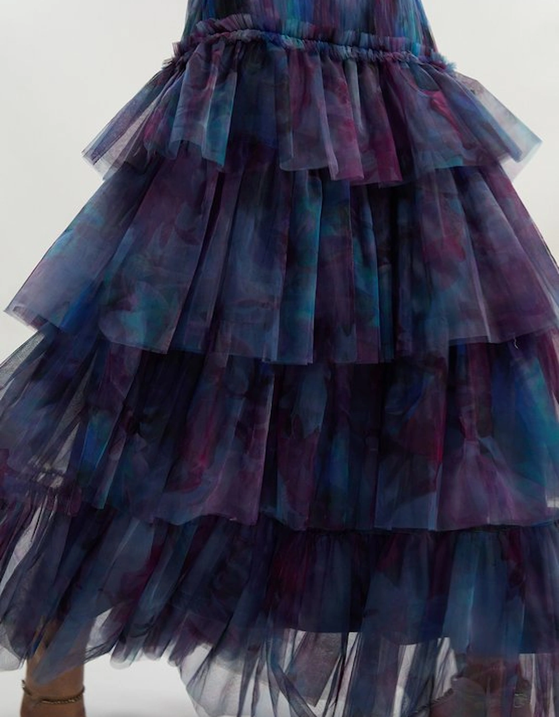 Floral Print Tulle Layered Off The Shoulder Maxi Dress