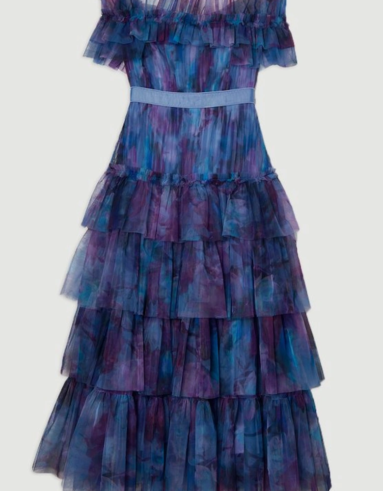 Floral Print Tulle Layered Off The Shoulder Maxi Dress