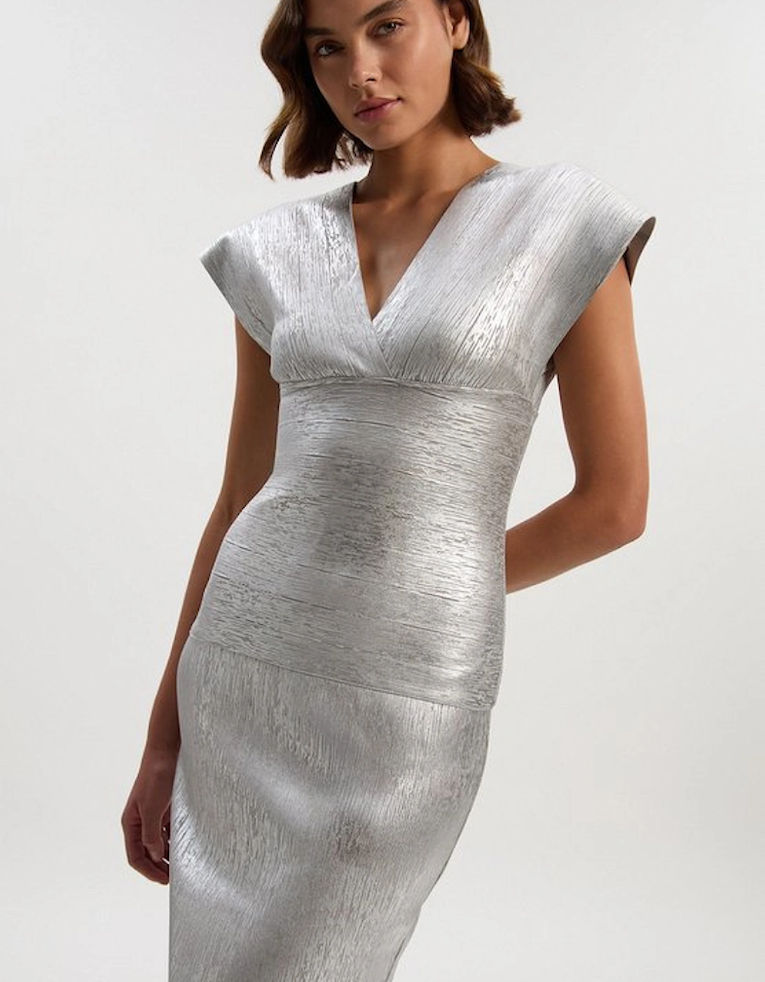 Foil Metallic Figure Form Angel Sleeve Knit Maxi Dress