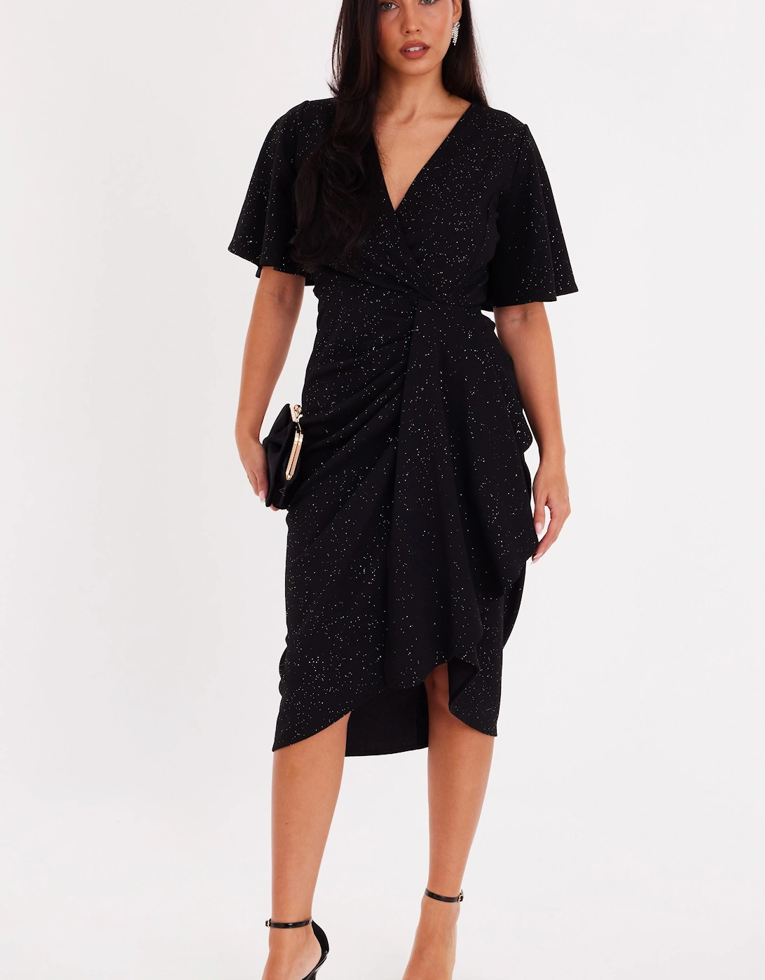 Black Glitter Ruched Midi Dress, 2 of 1