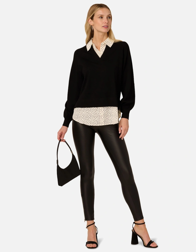 Long Raglan Sleeve Twofer Sweater With Printed Woven Combo