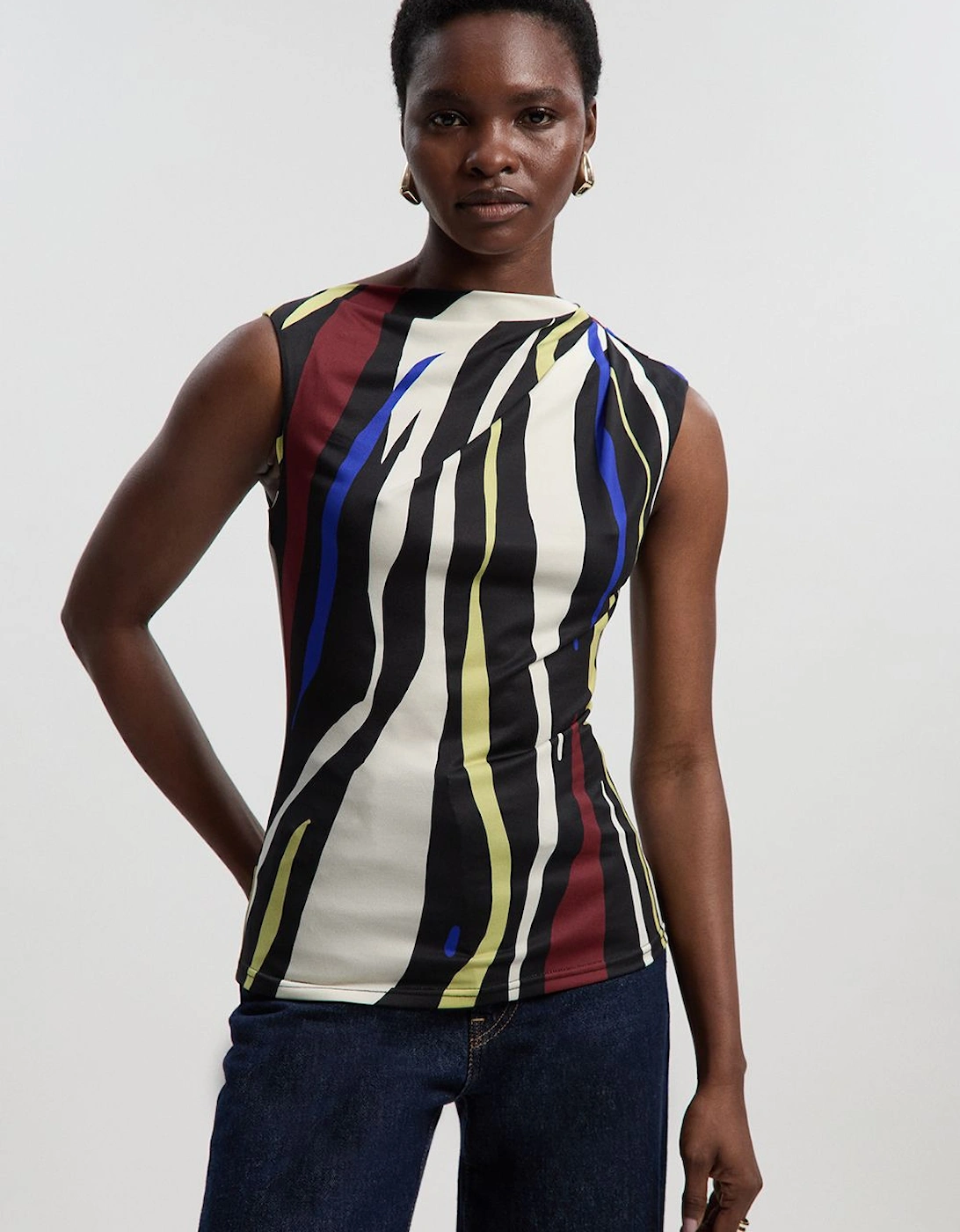 Abstract Zebra Print Asymmetric Neck Sleeveless Crepe Top, 2 of 1