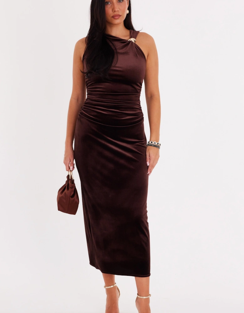 Brown Velvet Buckle Midaxi Dress
