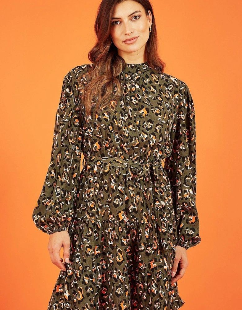 Green Animal Print Long Sleeve Skater Dress