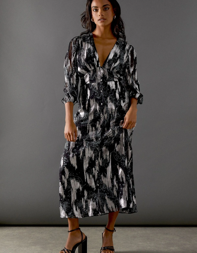 Metallic Paisley Jacquard Plunge Neck Button Through Midi Dress