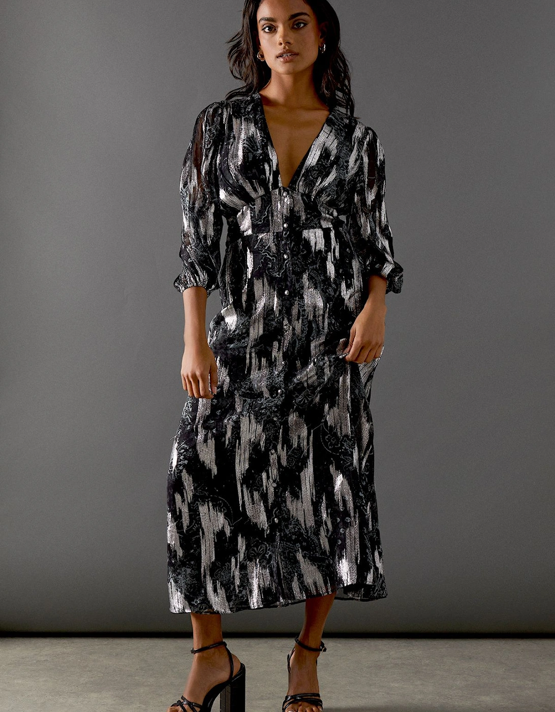 Metallic Paisley Jacquard Plunge Neck Button Through Midi Dress, 2 of 1