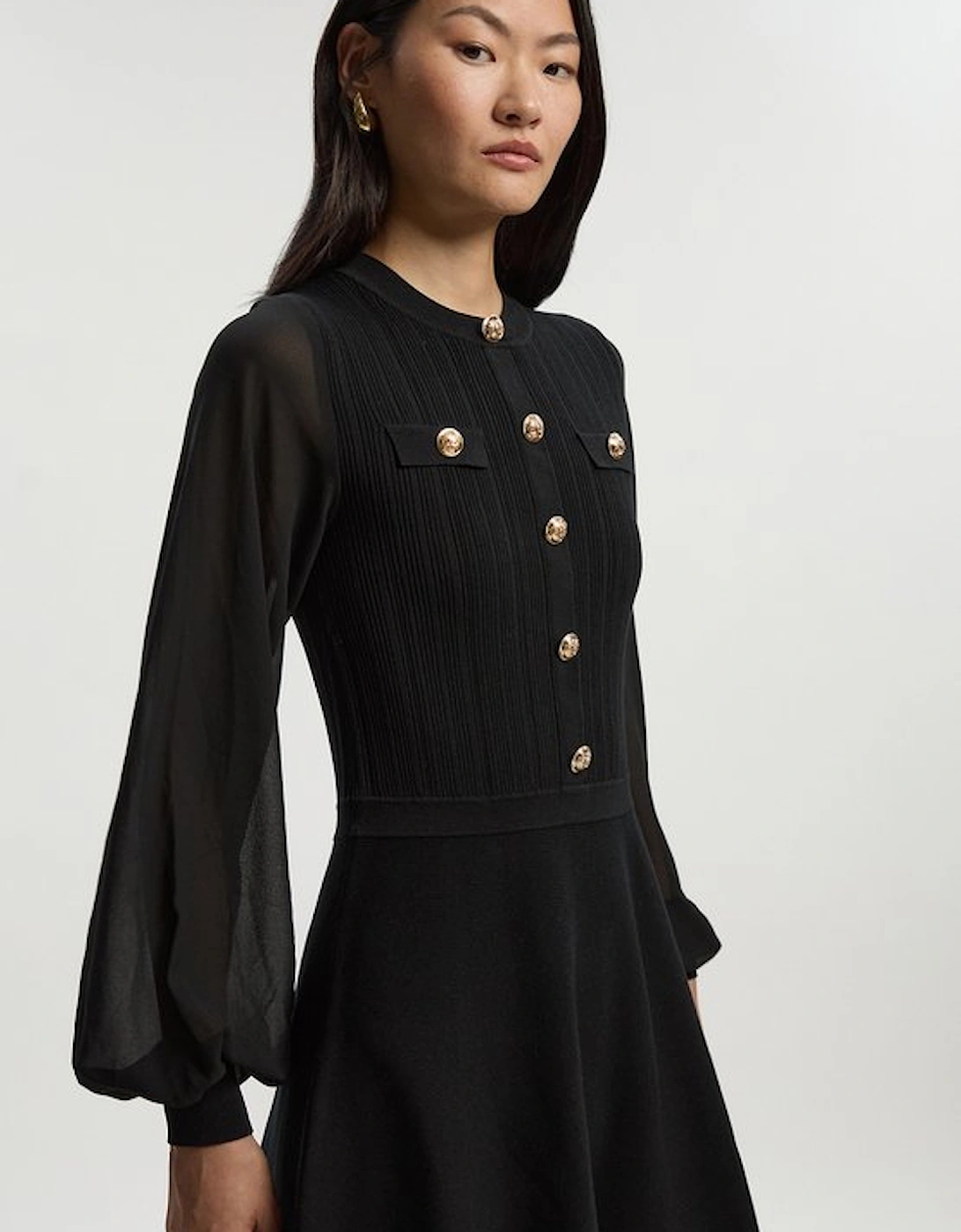 Viscose Blend Mini Knit Dress With Chiffon Sleeve Military Trim