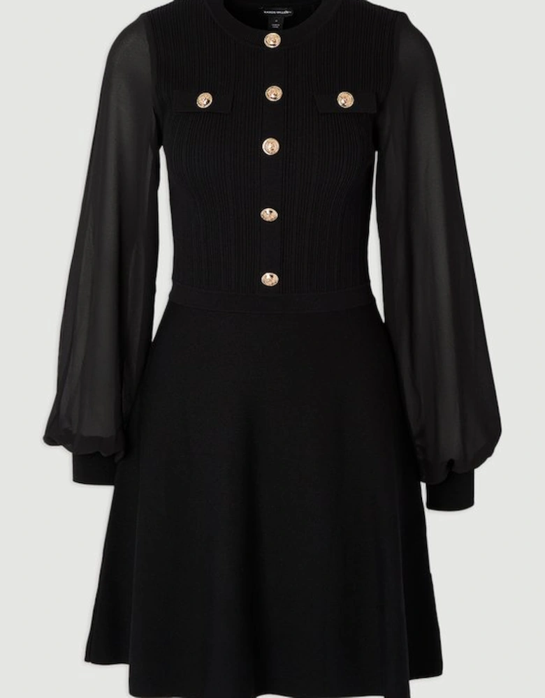 Viscose Blend Mini Knit Dress With Chiffon Sleeve Military Trim