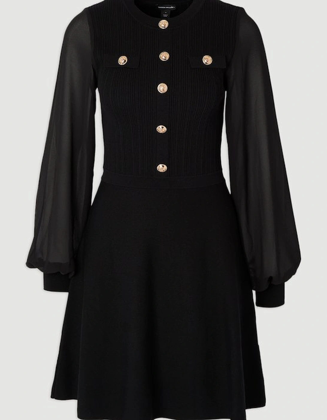 Viscose Blend Mini Knit Dress With Chiffon Sleeve Military Trim