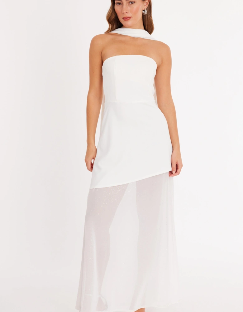White Glitter Mesh Hem Maxi Dress