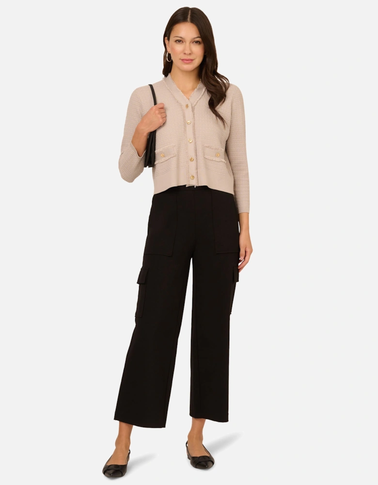 Knit Frayed Waffle Crop Cardigan Sweater With Gold Buttons