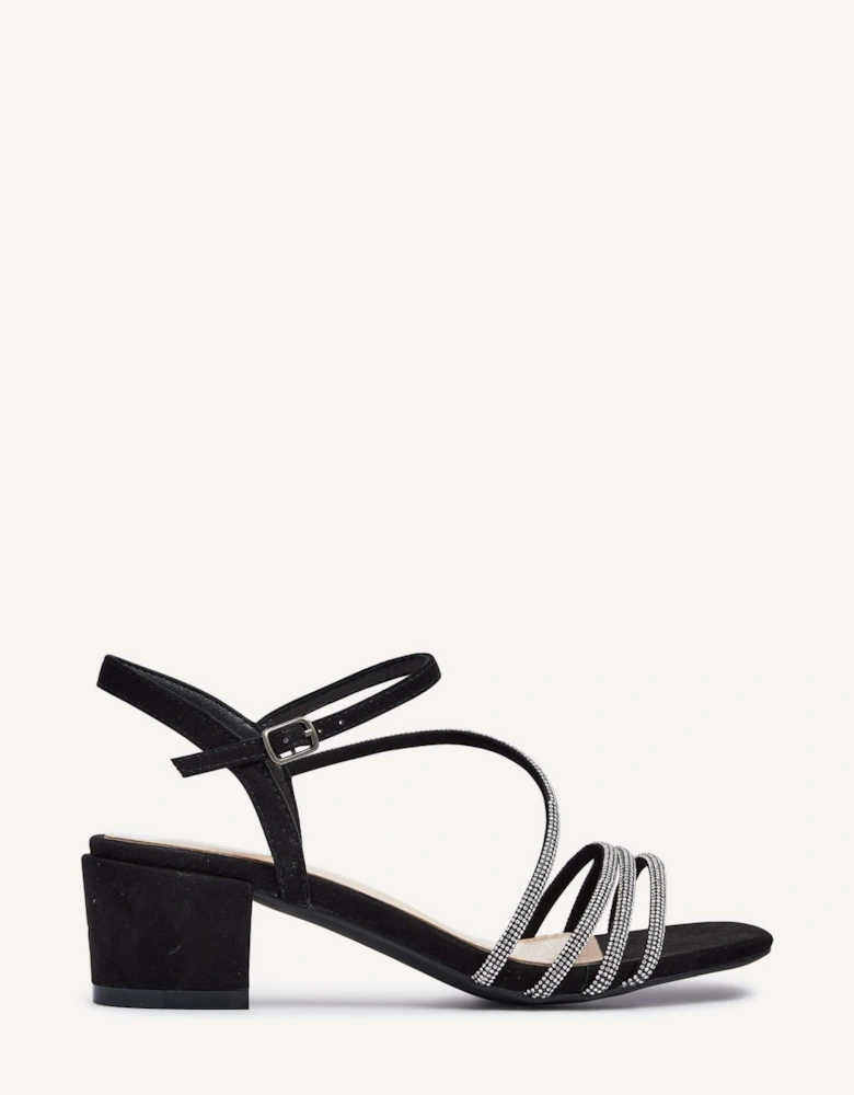 Riri Black Faux Suede Diamante Strappy Block Heeled Sandal