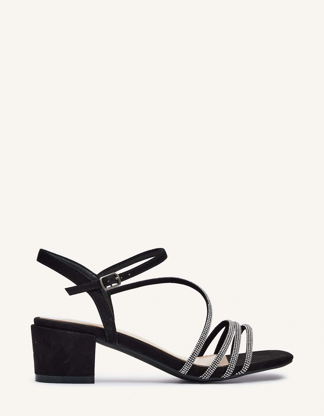 Riri Black Faux Suede Diamante Strappy Block Heeled Sandal, 2 of 1