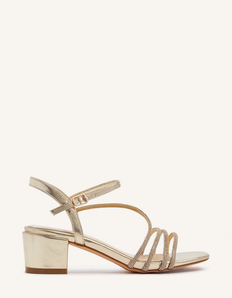 Riri Gold Faux Leather Diamante Strappy Block Heeled Sandal