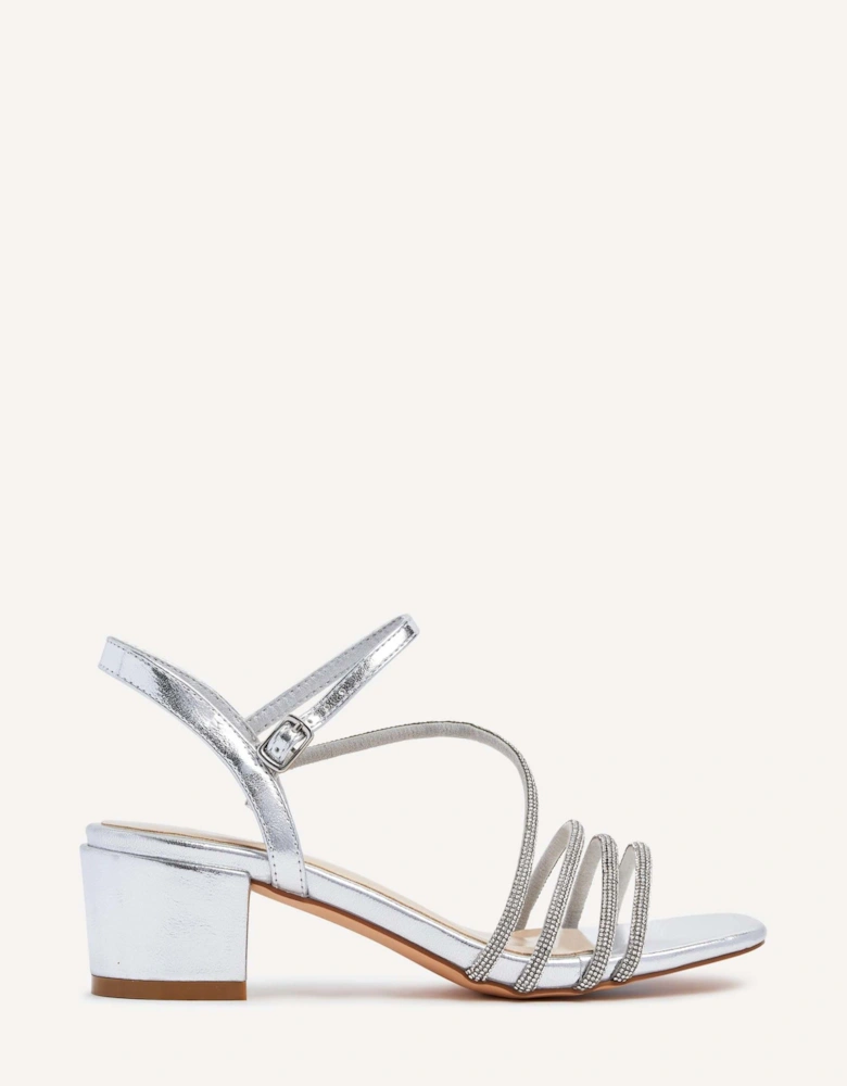 Riri Silver Faux Leather Diamante Strappy Block Heeled Sandal