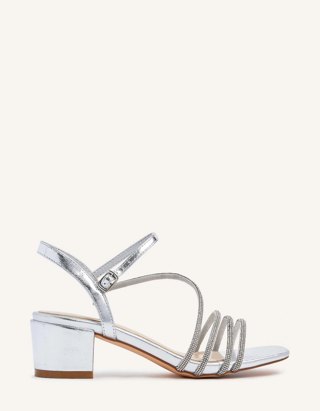Riri Silver Faux Leather Diamante Strappy Block Heeled Sandal, 2 of 1