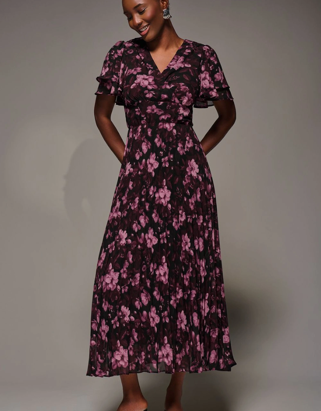 Chiffon Ruffle Sleeve Pleated Maxi Dress, 2 of 1