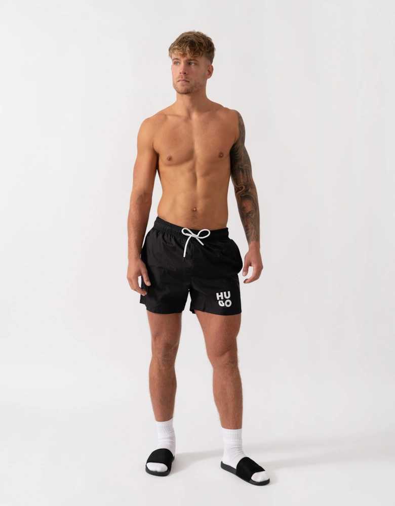 HUGO PAOL Mens Fully Lined Swim Shorts with Stacked Logo - Black 001