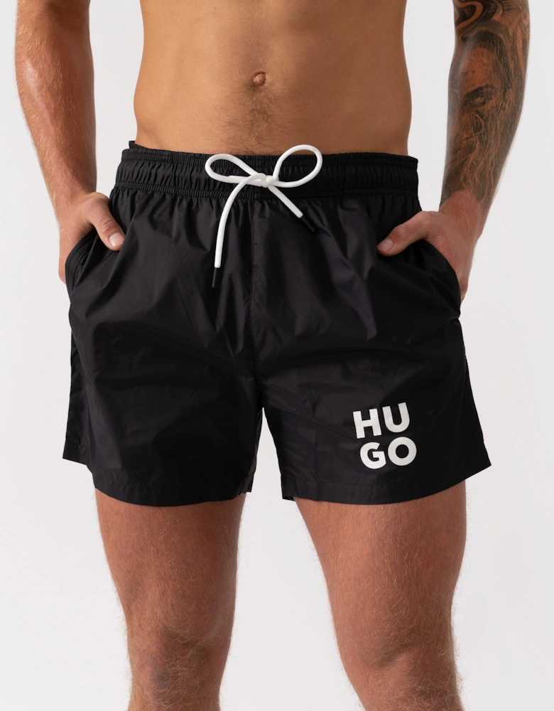 HUGO PAOL Mens Fully Lined Swim Shorts with Stacked Logo - Black 001