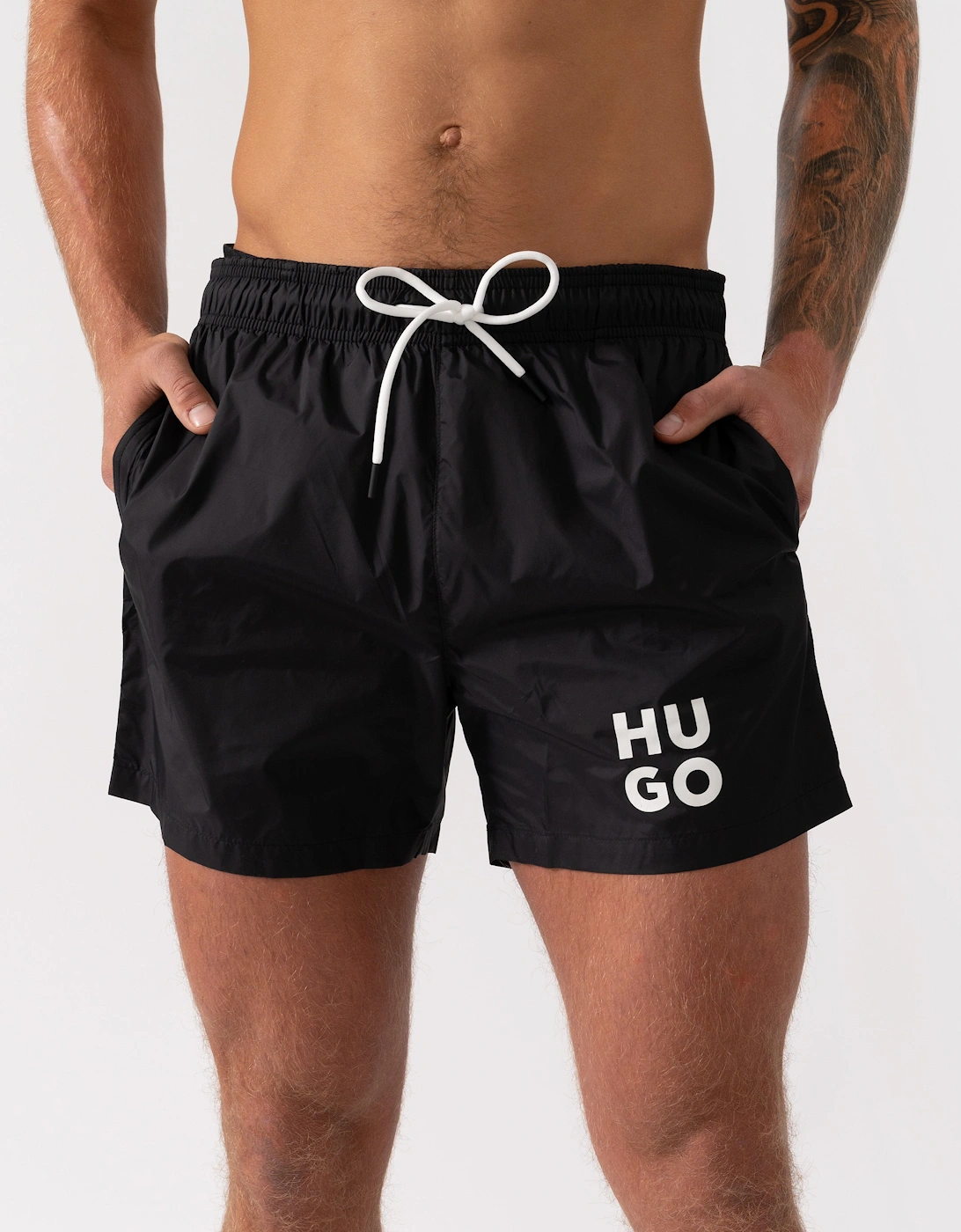 HUGO PAOL Mens Fully Lined Swim Shorts with Stacked Logo - Black 001