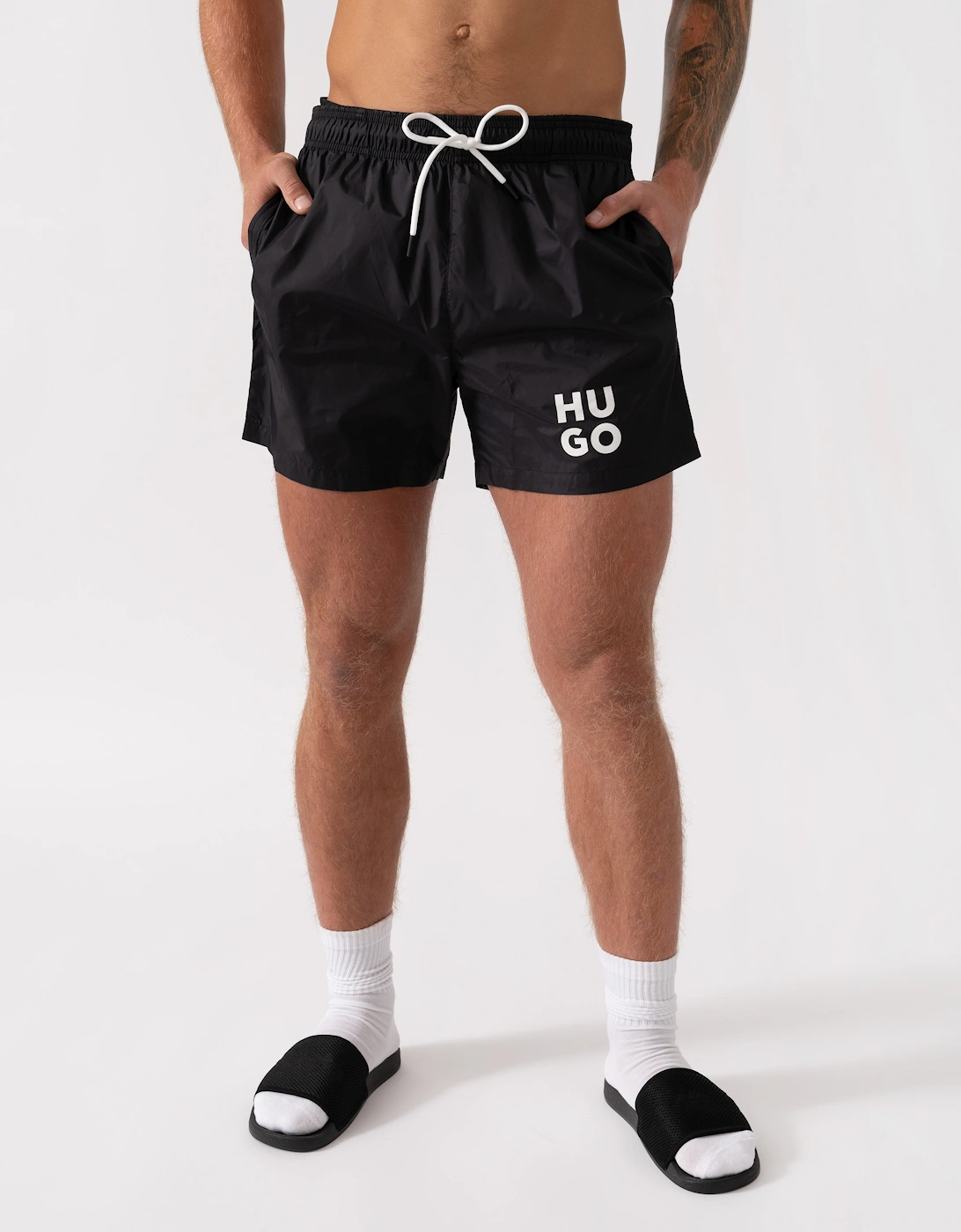 HUGO PAOL Mens Fully Lined Swim Shorts with Stacked Logo - Black 001, 6 of 5