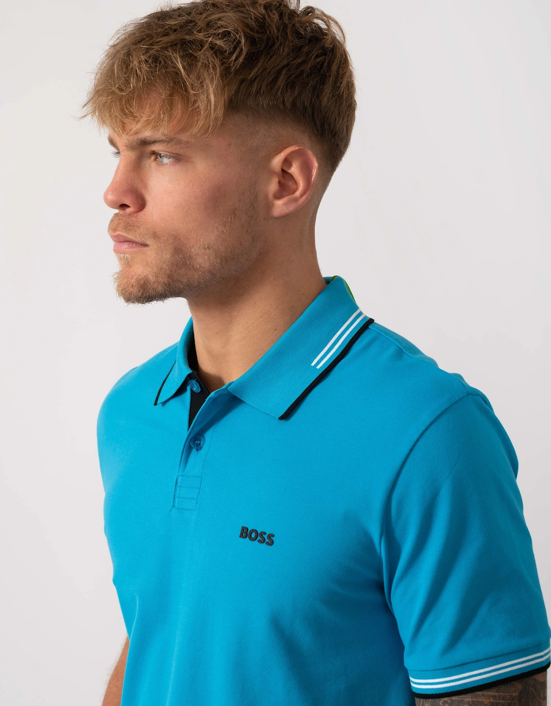 BOSS Green Paul Mens Short Sleeve Polo Shirt With Contrast Tipping - Turquoise/Aqua 443