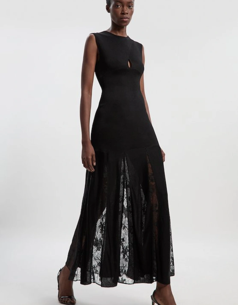 Petite Viscose Blend Slinky Sheer Lace Detail Knit Maxi Dress