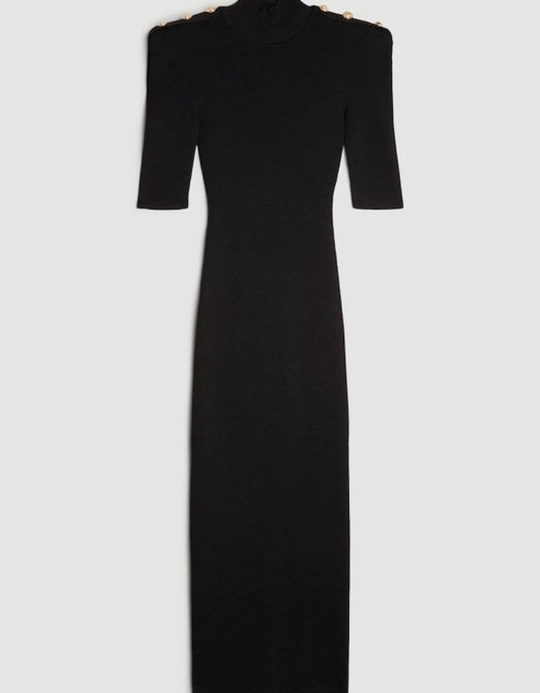 Viscose Blend Rib Knit Power Shoulder Military Trim Maxi Dress