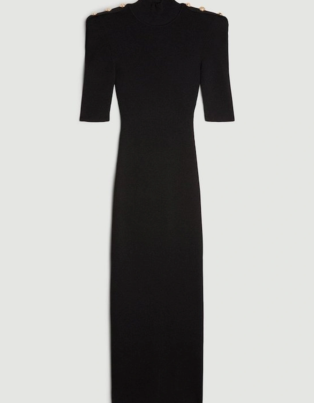 Viscose Blend Rib Knit Power Shoulder Military Trim Maxi Dress