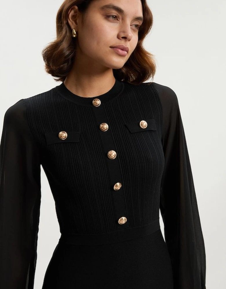 Viscose Blend Maxi Knit Dress With Chiffon Sleeve Military Trim