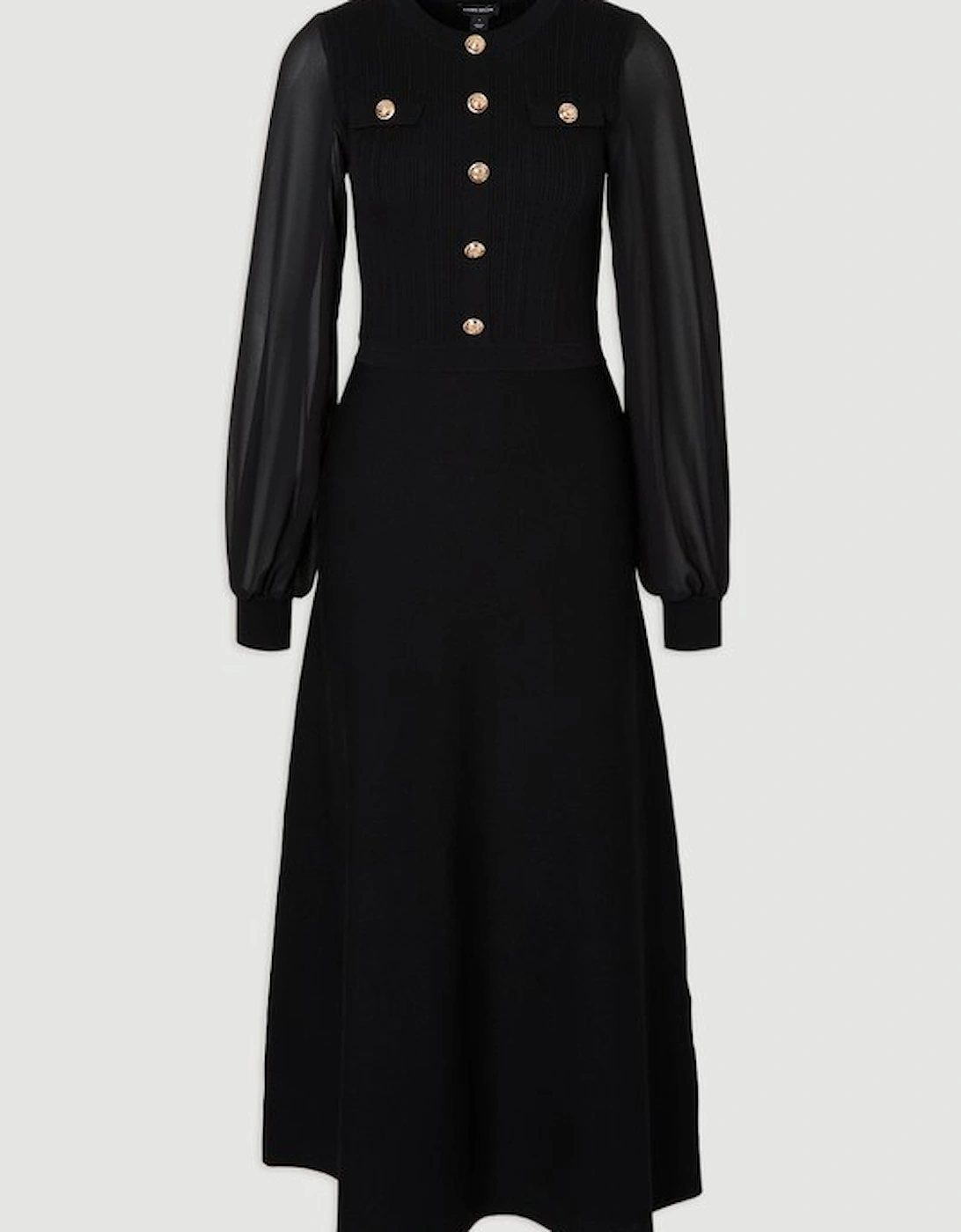 Viscose Blend Maxi Knit Dress With Chiffon Sleeve Military Trim