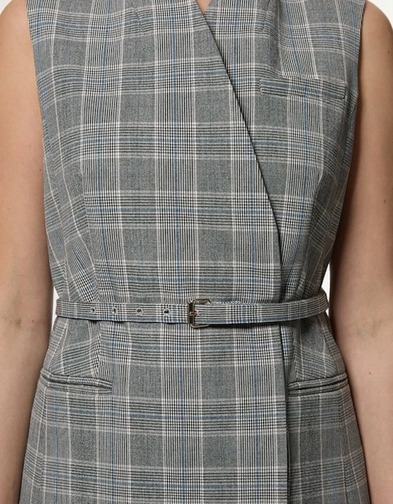 Grey Check Tailored Collarless Belted Sleeveless Blazer
