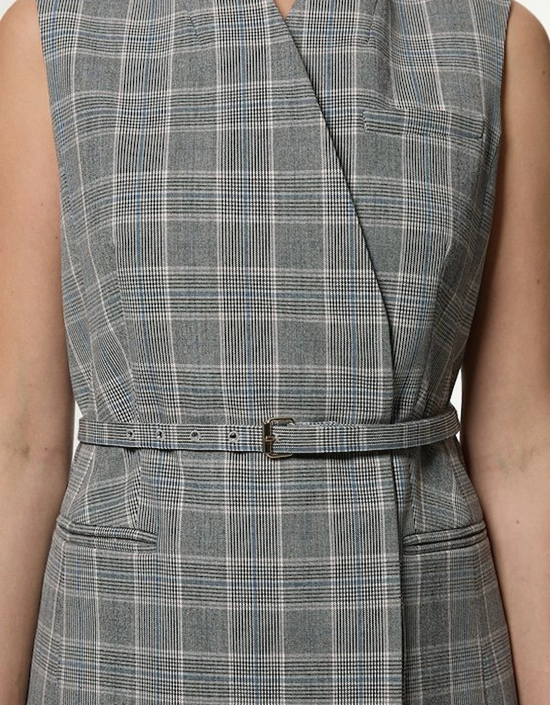 Grey Check Tailored Collarless Belted Sleeveless Blazer