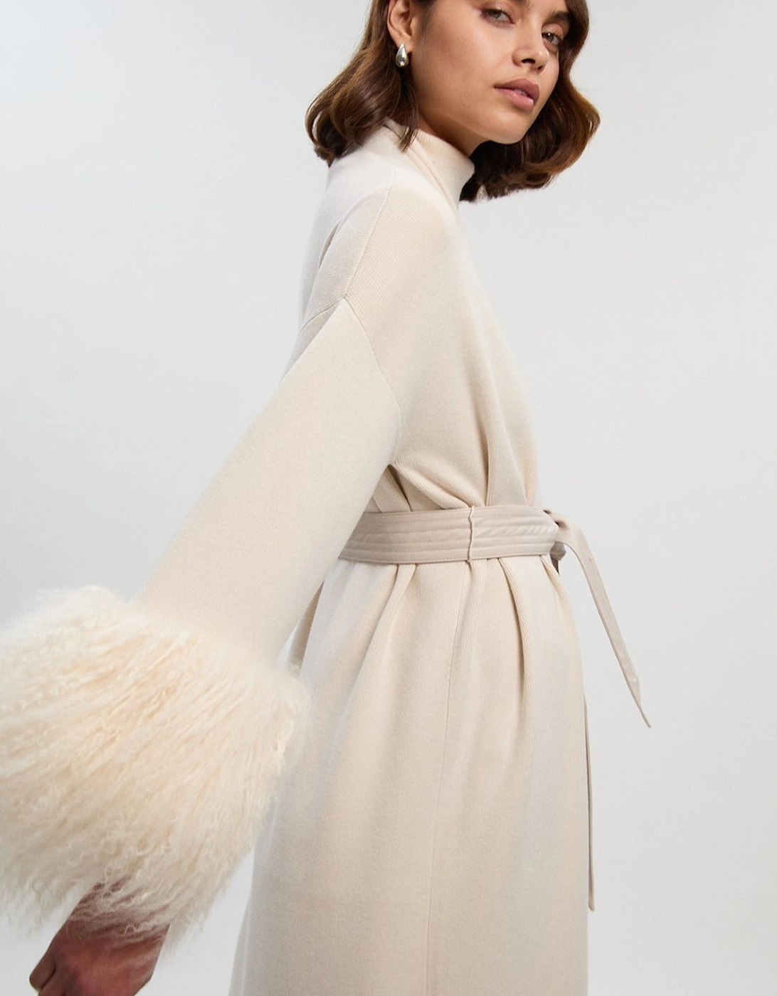 Viscose Blend Compact Knit Shealing Cuff Belted Coatigan, 2 of 1