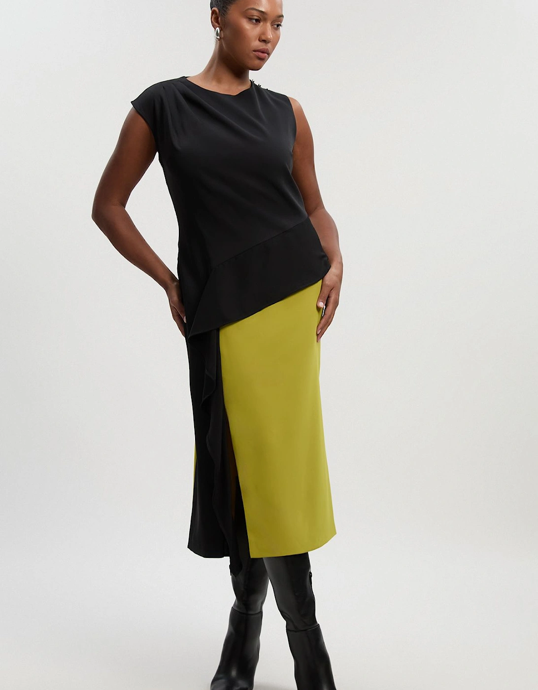 Plus Size Soft Tailored Asymmetric Neck Draped Waist Detail Midi Dress, 2 of 1