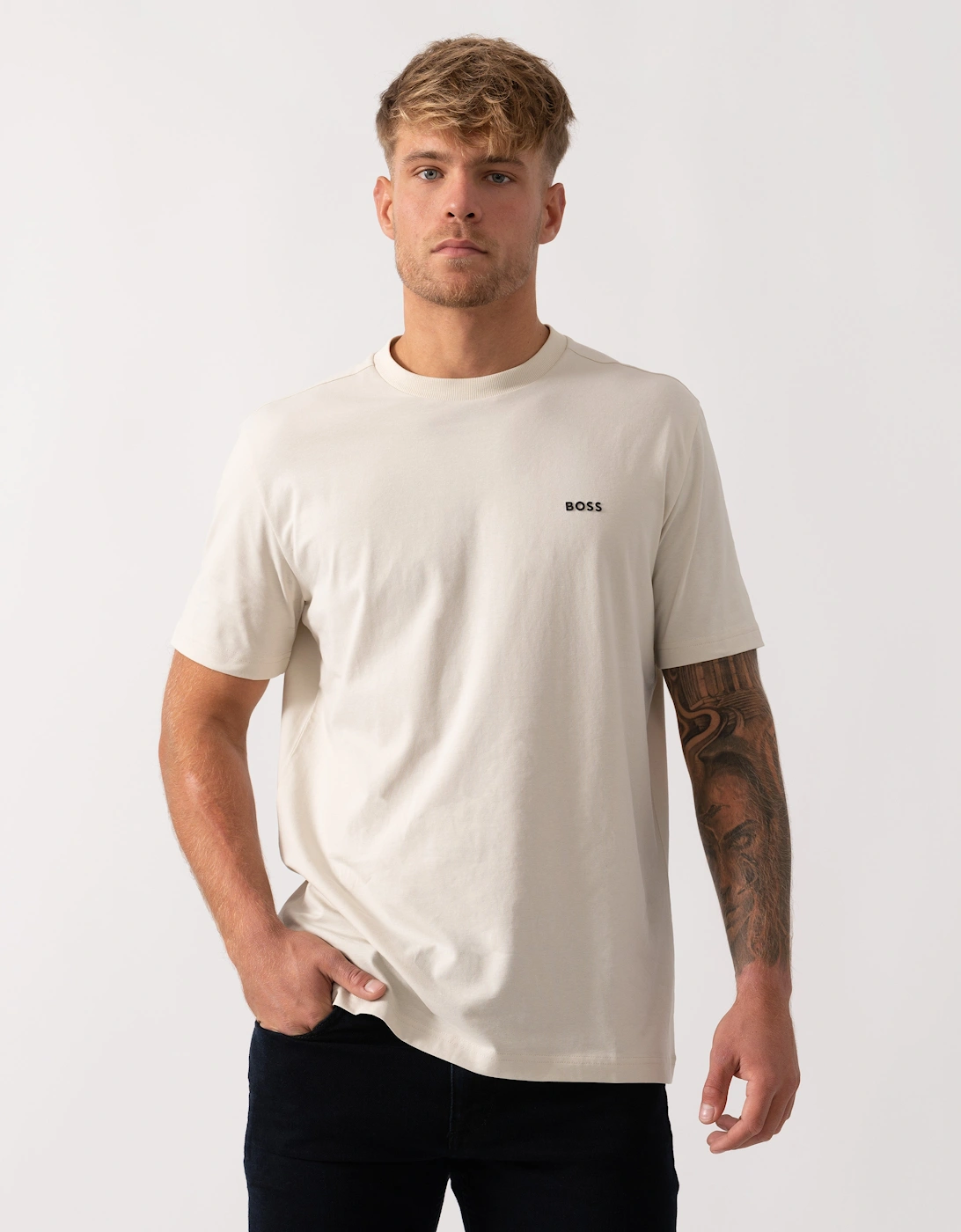 BOSS Green Tee Mens Stretch Cotton T-Shirt with Contrast Logo - Open White 131, 5 of 4