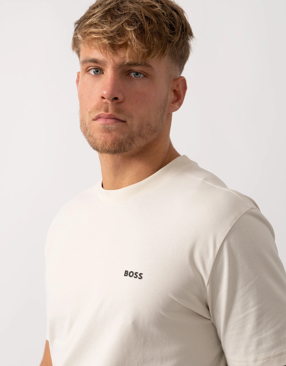 BOSS Green Tee Mens Stretch Cotton T-Shirt with Contrast Logo - Open White 131