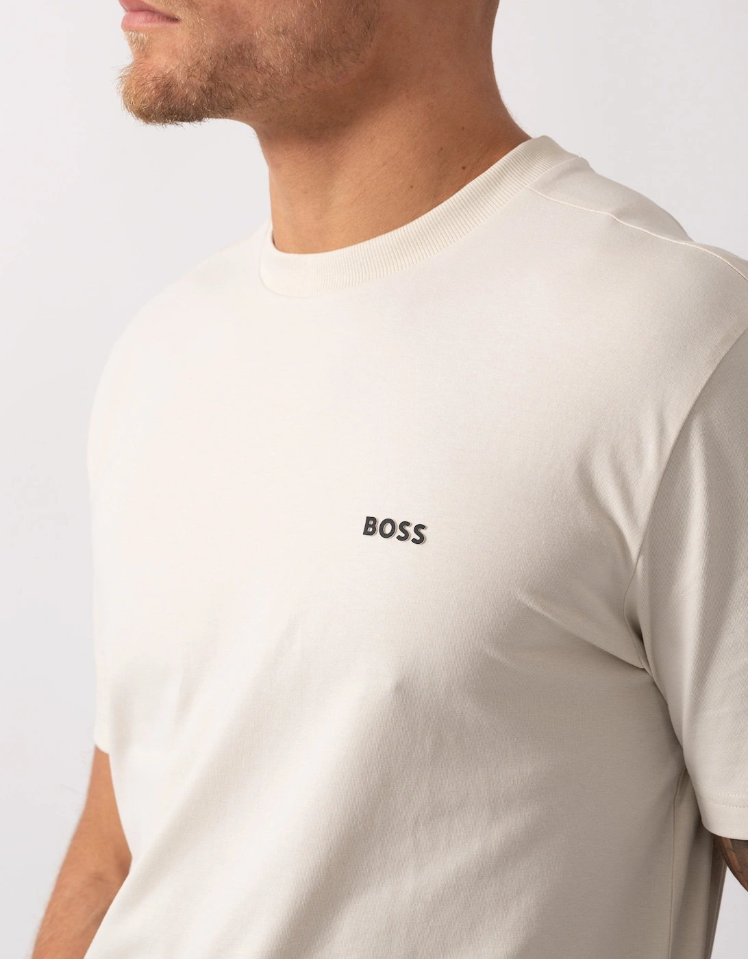 BOSS Green Tee Mens Stretch Cotton T-Shirt with Contrast Logo - Open White 131