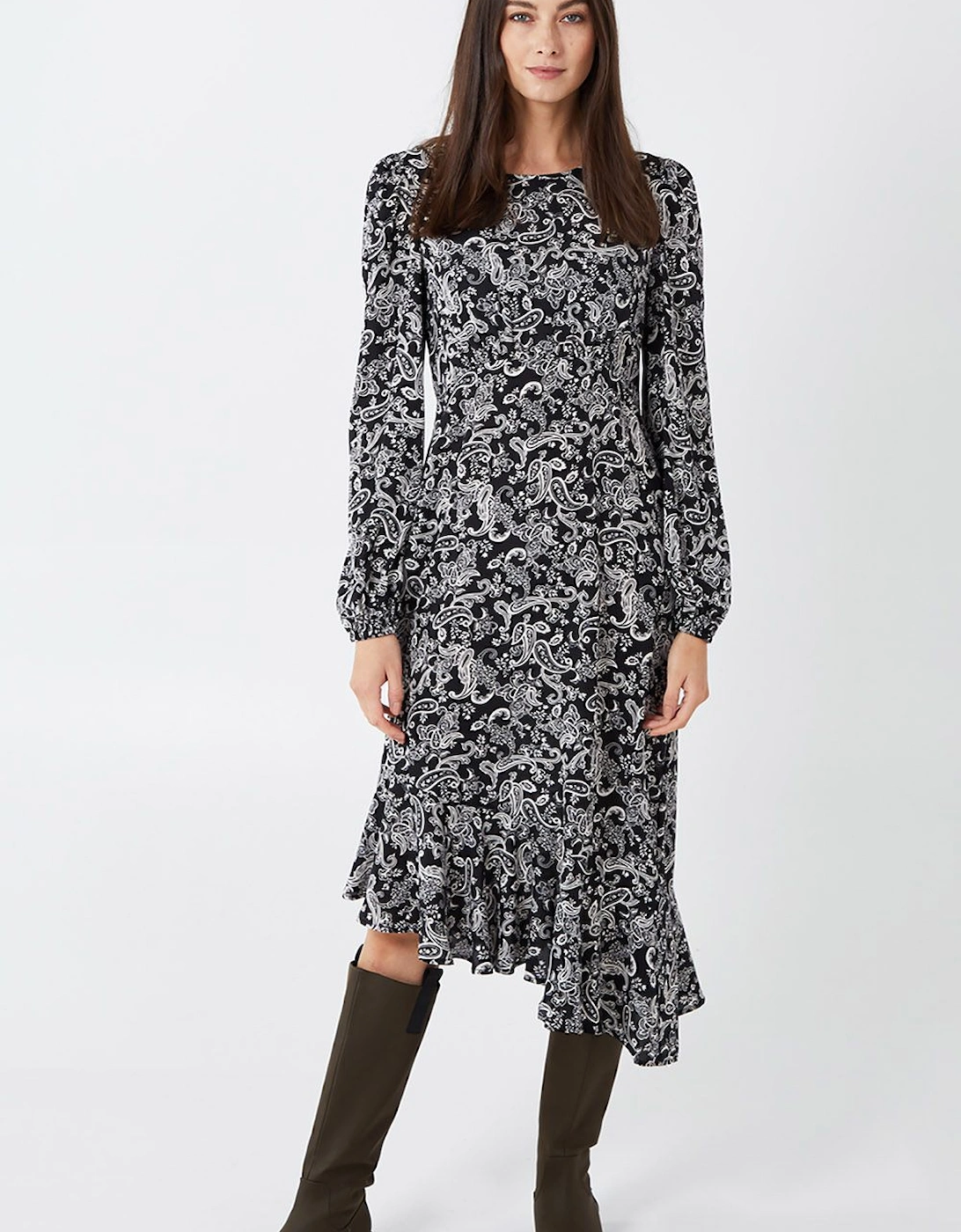 Paisley Long Sleeve Asymmetric Midi Dress, 2 of 1