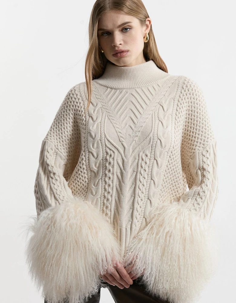 Cable Knit Viscose Blend Shearling Cuff Jumper