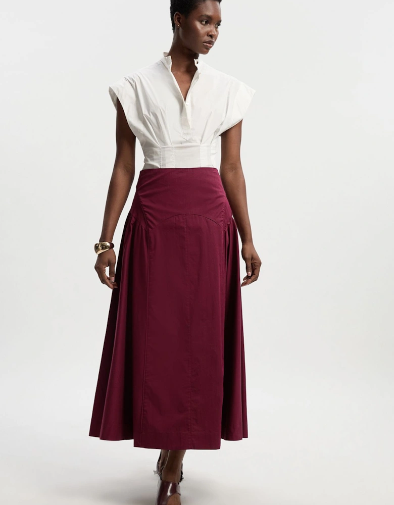 Pleated Detail Cotton Woven Maxi Skirt