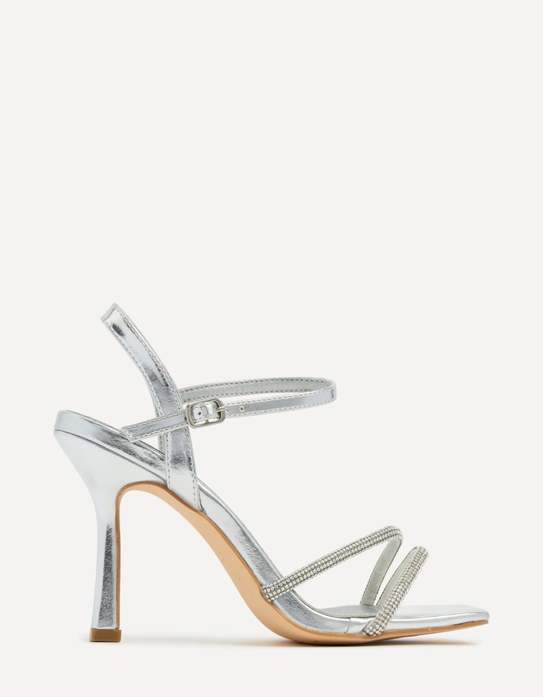 Mesmerize Silver Faux Leather Square Toe Diamonte Embellished Heel