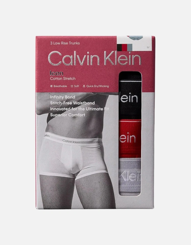 3-Pack Icon Cotton Stretch Low-Rise Boxer Trunks, Black / Adrenaline Rush / Sleet
