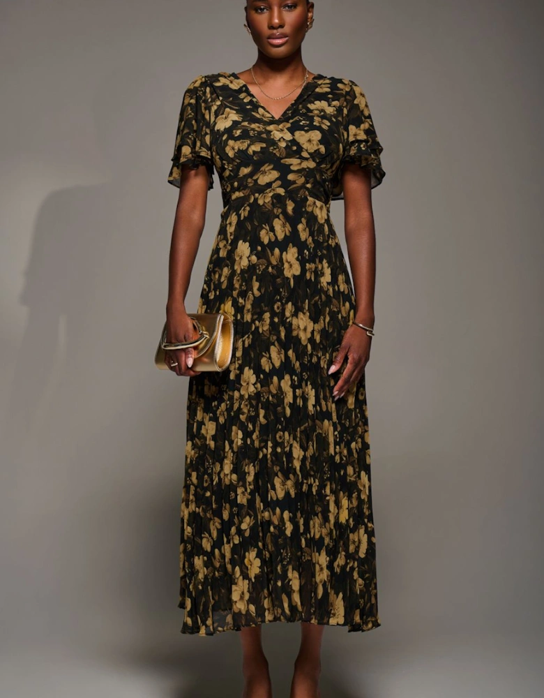 Chiffon Ruffle Sleeve Pleated Maxi Dress