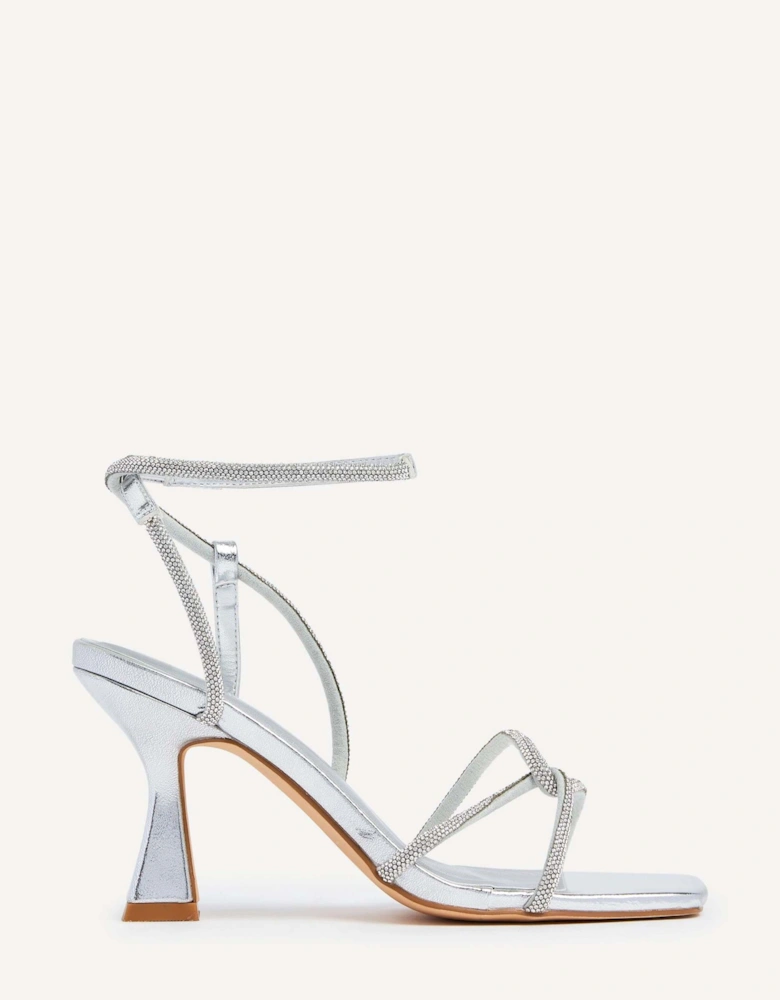 Entice Silver Faux Leather Diamante Embellishes Strappy Heel