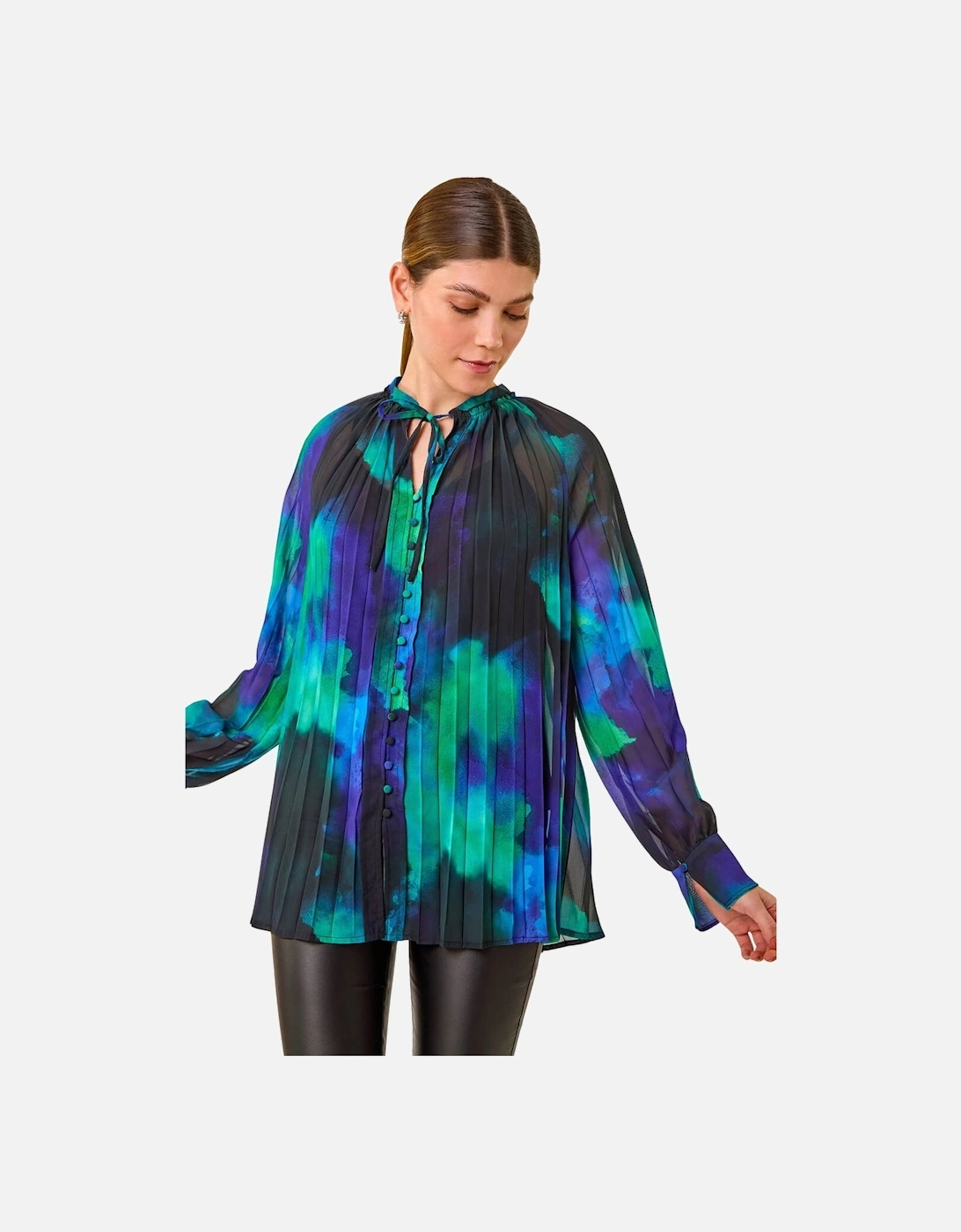 Watercolour Tie Neck Pleated Blouse, 2 of 1